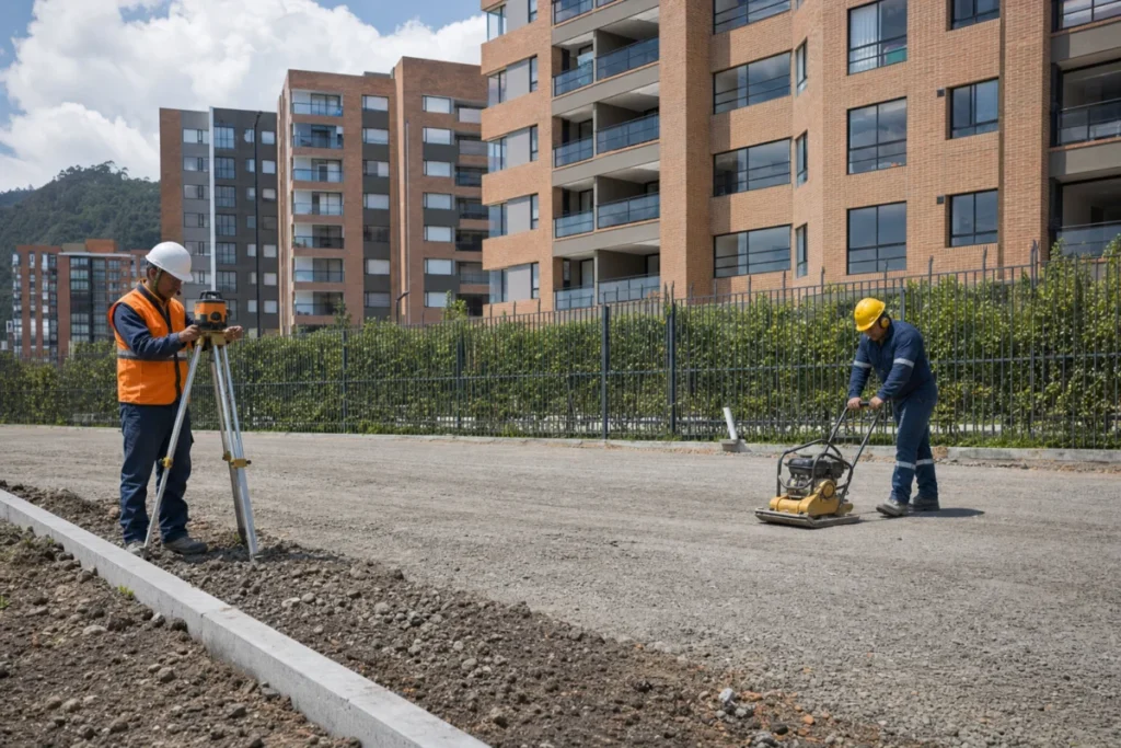 Canchas deportivas y parqueaderos en Bogotá con cuadrilla nivelando la base antes del asfaltado