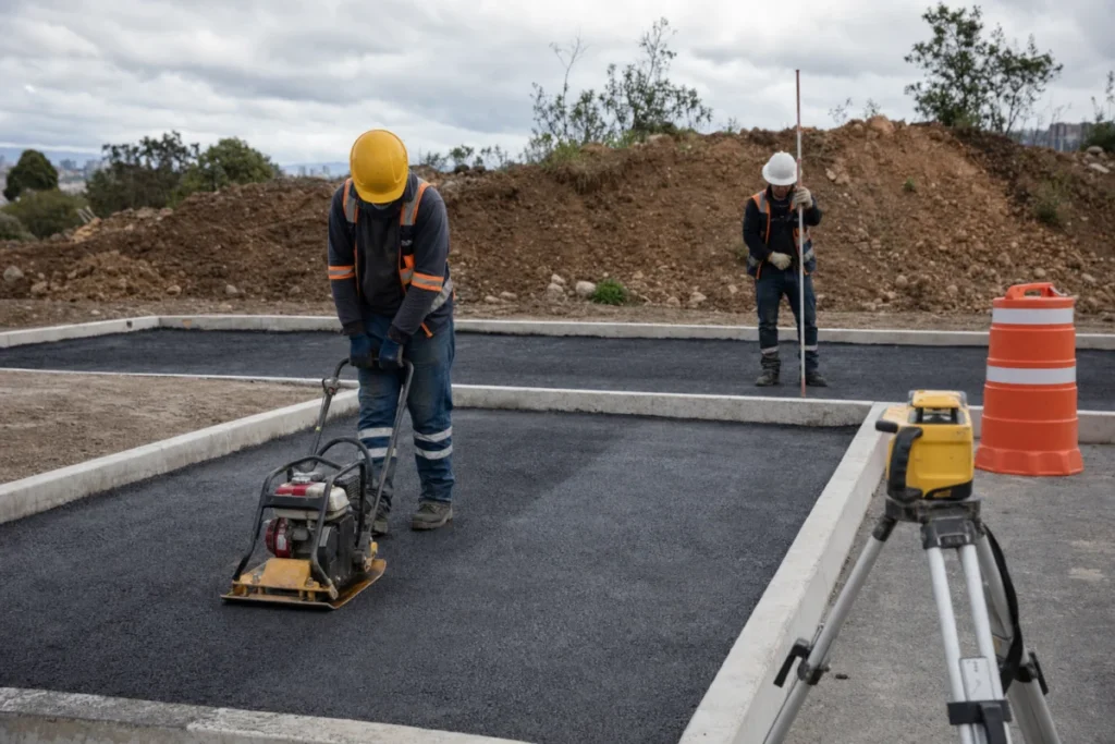 Construcción de parqueaderos en Bogotá sobre base compactada, con cuadrilla verificando nivelación y compactación.