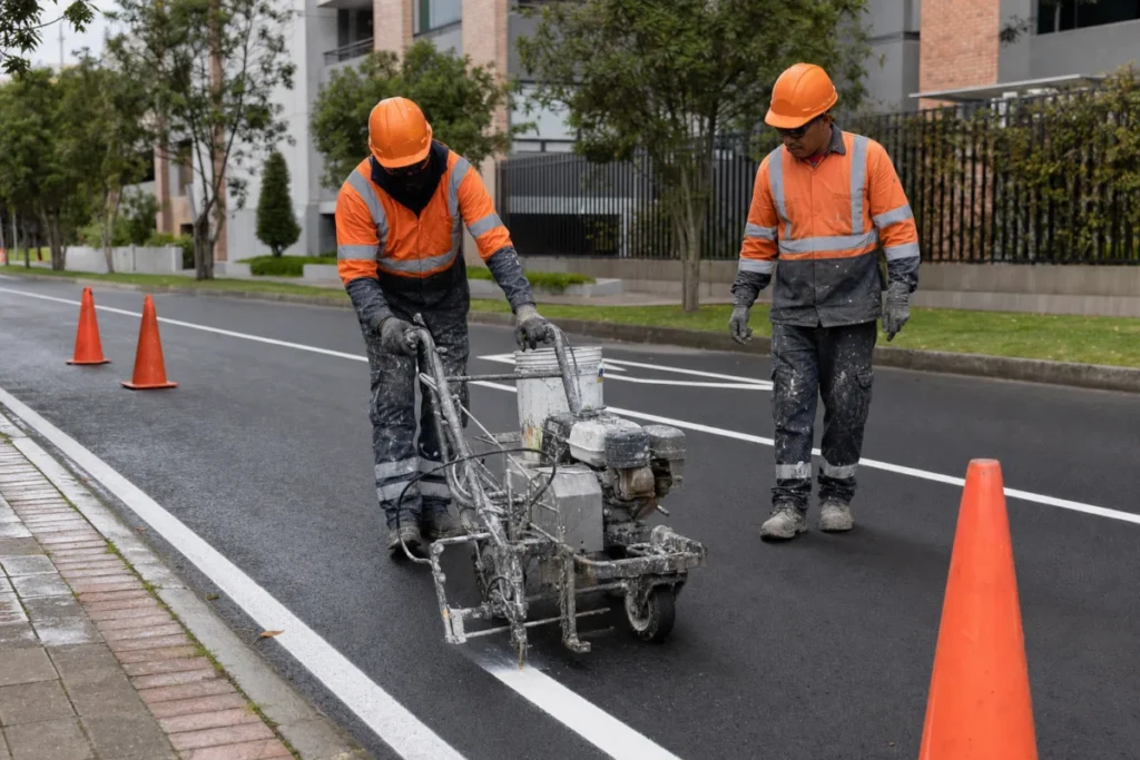 Demarcaciones para vías en Bogotá con operarios trazando líneas blancas sobre asfalto recién limpiado.