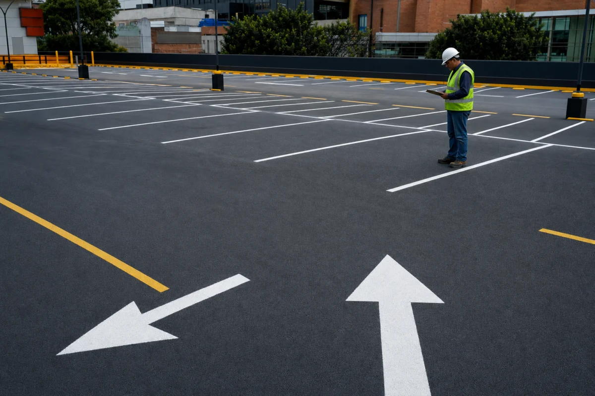 Demarcaciones para vías en Bogotá con flechas y cajones recién pintados en un parqueadero comercial.