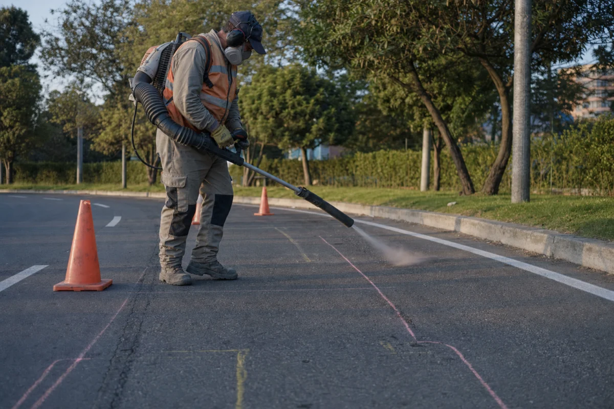 Limpieza previa del pavimento antes de pintar líneas.