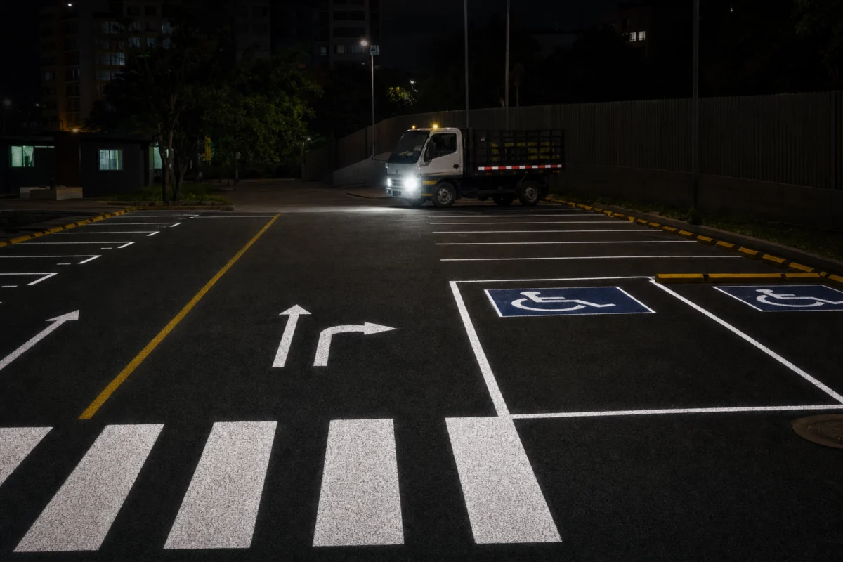 Resultado nocturno con marcas viales reflectivas sobre asfalto recién demarcado.