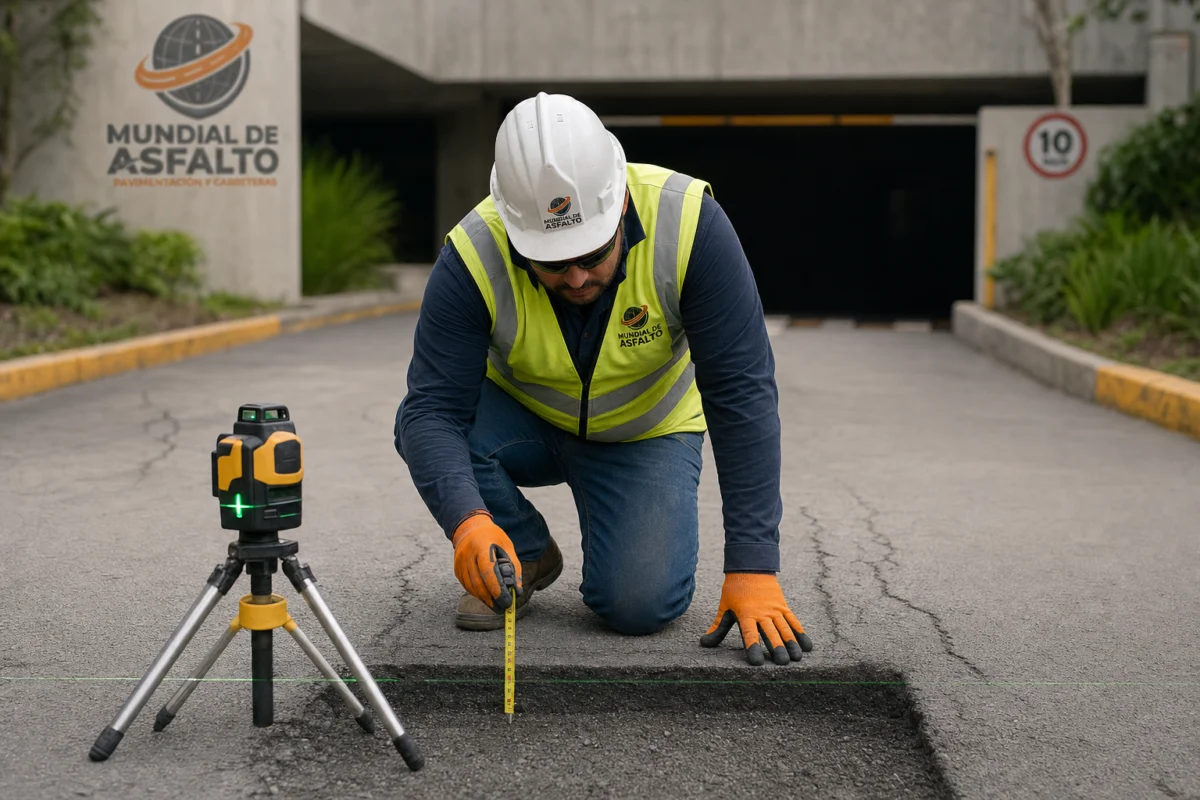 Técnico midiendo la profundidad del corte en una entrada de parqueadero