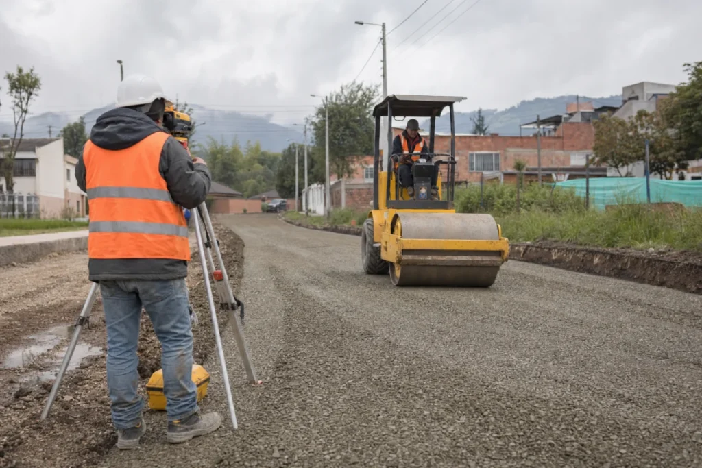nivelación y preparación del terreno en Bogotá con rodillo vibratorio sobre base granular antes de asfaltar