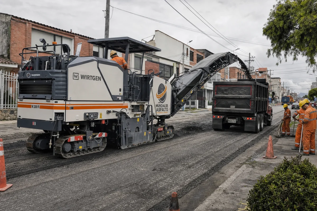 Maquinaria fresando una vía deteriorada mientras una volqueta retira el material viejo.
