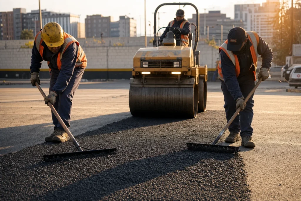 Pavimentación para parqueaderos en Bogotá con operarios alisando la mezcla antes de compactarla