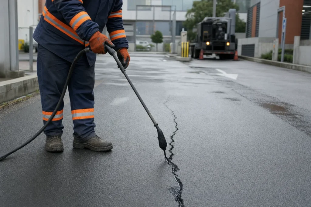 sellado de grietas en Bogotá sobre un acceso asfaltado con sellador caliente y borde limpio